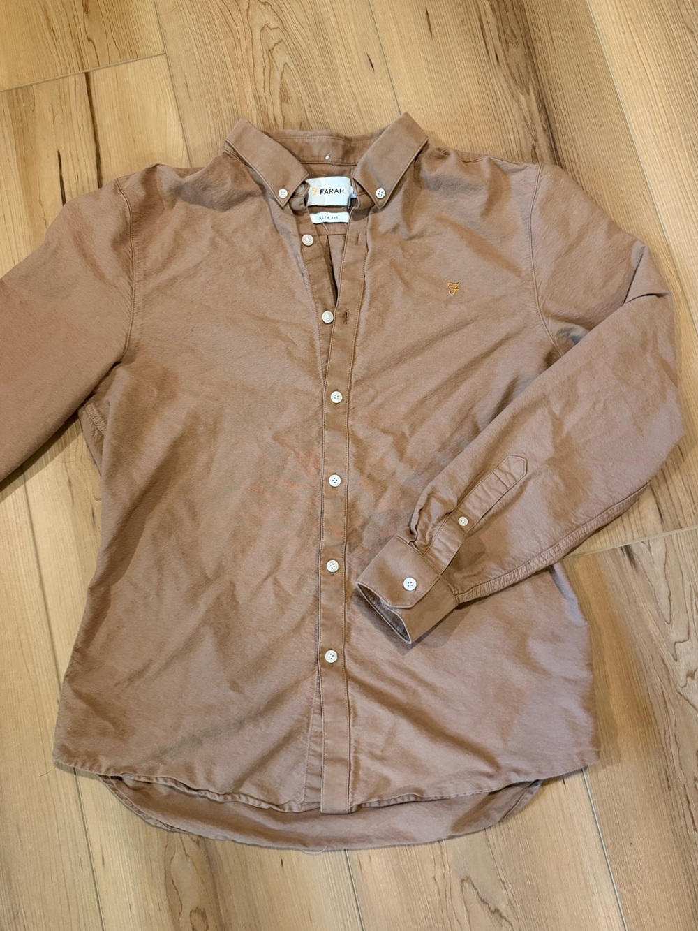 Farah brewer Oxford cotton button down shirt in beige tan slim fit size large